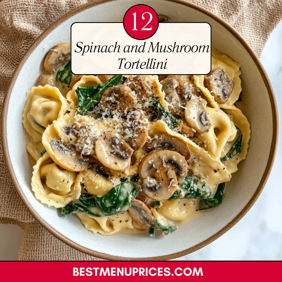 Cheese tortellini in a creamy Parmesan sauce with sautéed mushrooms and fresh spinach