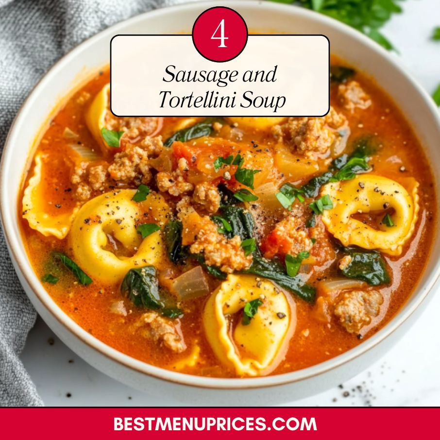 Bowl of creamy sausage and tortellini soup with spinach and tomatoes, a hearty Italian comfort food recipe