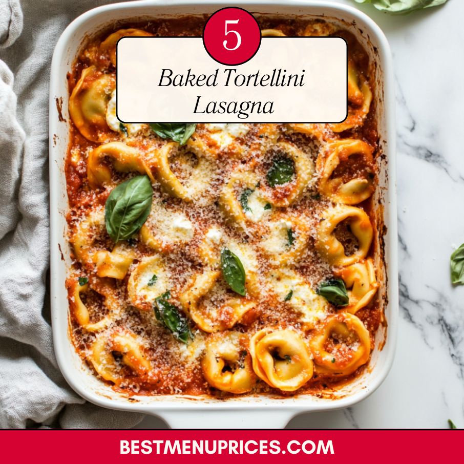 Cheesy baked tortellini lasagna in a casserole dish with marinara sauce and melted mozzarella on top