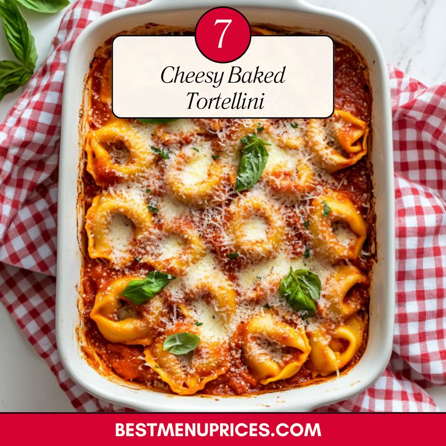 Cheesy baked tortellini topped with golden melted mozzarella and marinara sauce