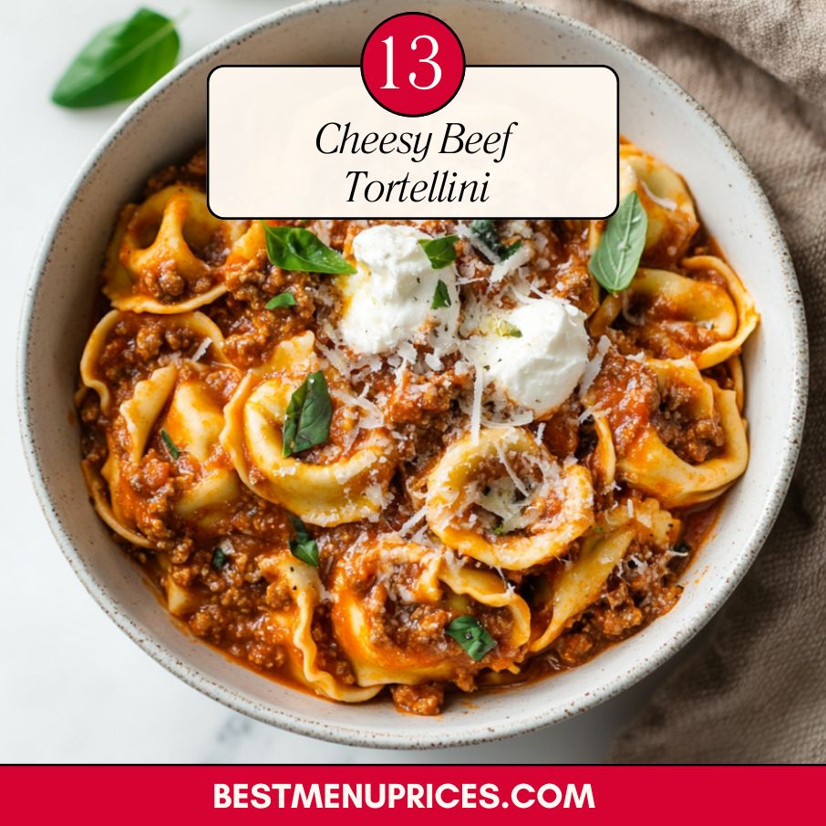 Beef tortellini baked in tomato sauce with melted cheese and Italian seasonings