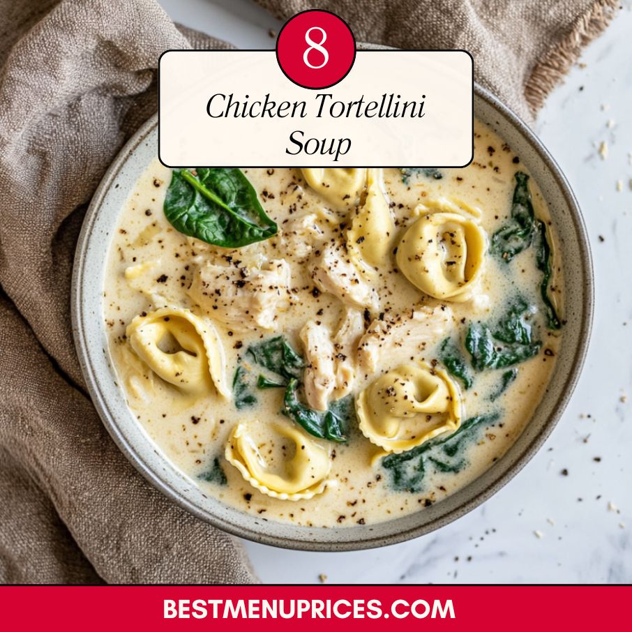 Creamy chicken tortellini soup with spinach and cheese-filled pasta in a rich broth