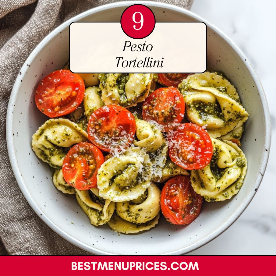 Cheese tortellini tossed in basil pesto with cherry tomatoes and Parmesan cheese