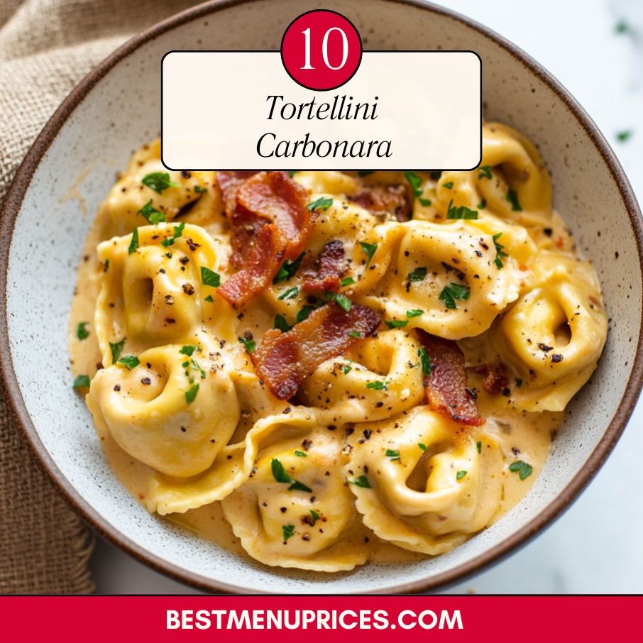 Cheese-filled tortellini tossed in a creamy carbonara sauce with crispy bacon and Parmesan cheese